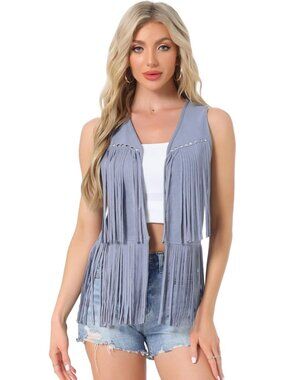 Women's Blue Faux Suede Fringe Top Vest Open Front Western Tassel Cardigan